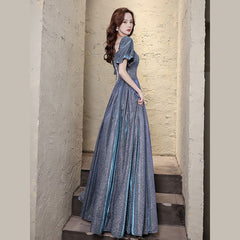 Short-Sleeve Glitter A-Line Evening Gown