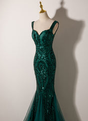 Green Mermaid Long Straps Sequins Long Prom Dress, Green Mermaid Evening Dress