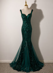 Green Mermaid Long Straps Sequins Long Prom Dress, Green Mermaid Evening Dress