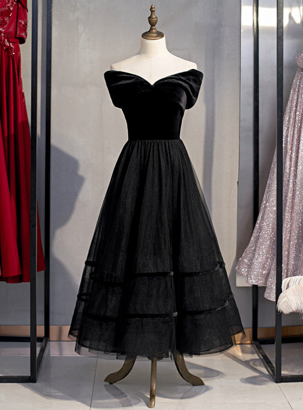 A-Line Black Tulle Velvet Off the Shoulder Tea Length Prom Dress