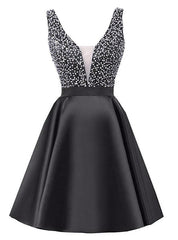 A-Line Black V-neck Backless Satin Beading Sequins Homecoming Dress