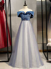 A-Line Blue Tulle Velvet Off the Shoulder Beading Prom Dress