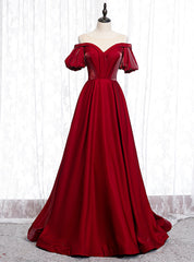 A-Line Burgundy Satin Puff Sleeve Cold Shoulder Prom Dress