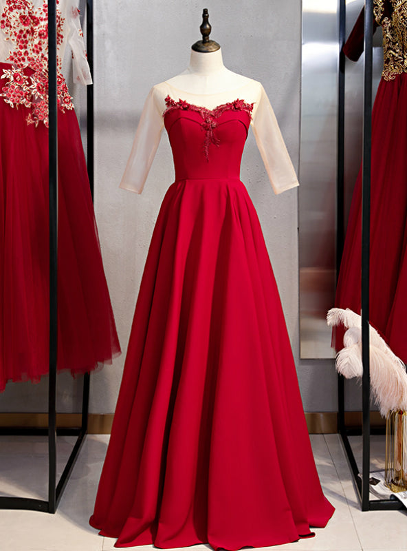 A-Line Burgundy Satin Short Sleeve Appliques Prom Dress