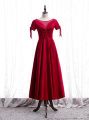 A-Line Burgundy Satin Short Sleeve Beading Prom Dress