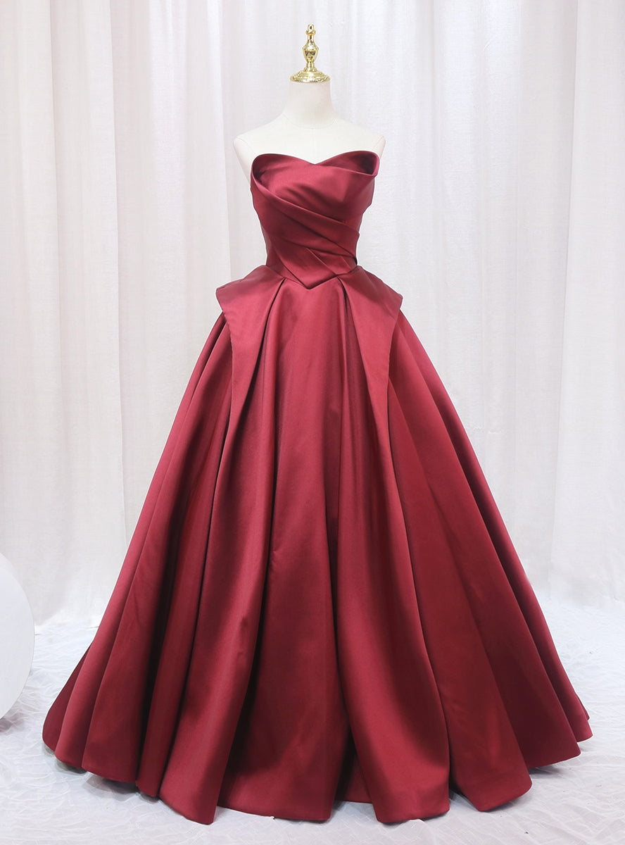 A-Line Burgundy Satin Strapless Pleats Prom Dress