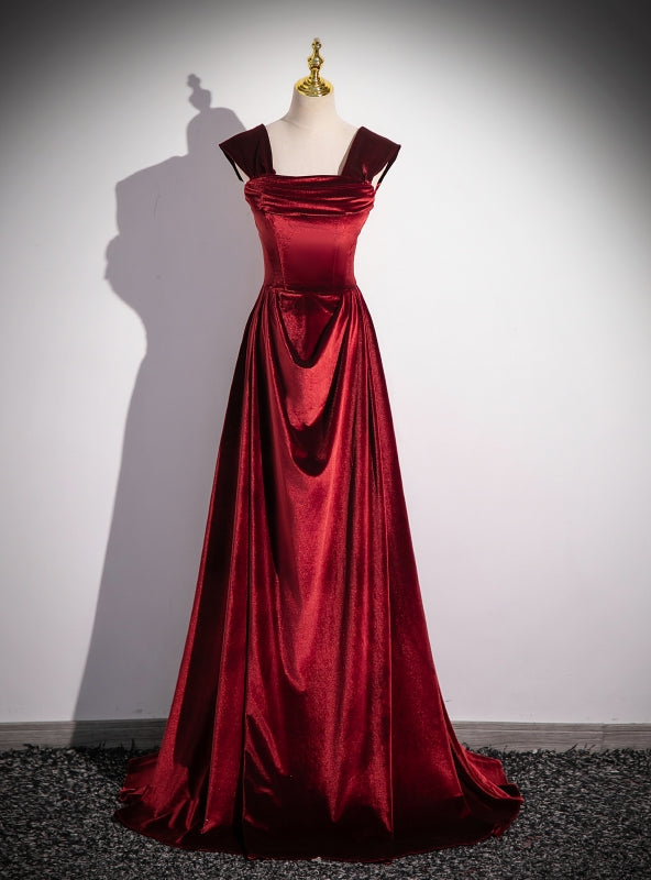 A-Line Burgundy Velvet Off the Shoulder Pleats Prom Dress