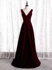 A-Line Burgundy Velvet V-neck Backless Prom Dress