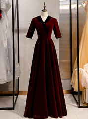 A-Line Dark Burgundy Short Sleeve V-neck Prom Dress