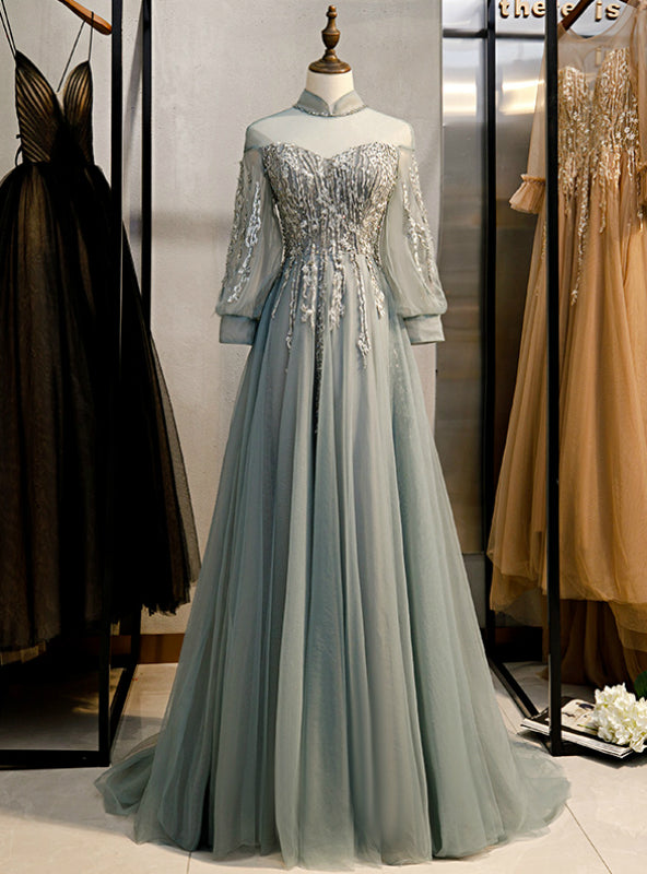 A-Line Gray Tulle Long Sleeve High Neck Backless Beading Prom Dress