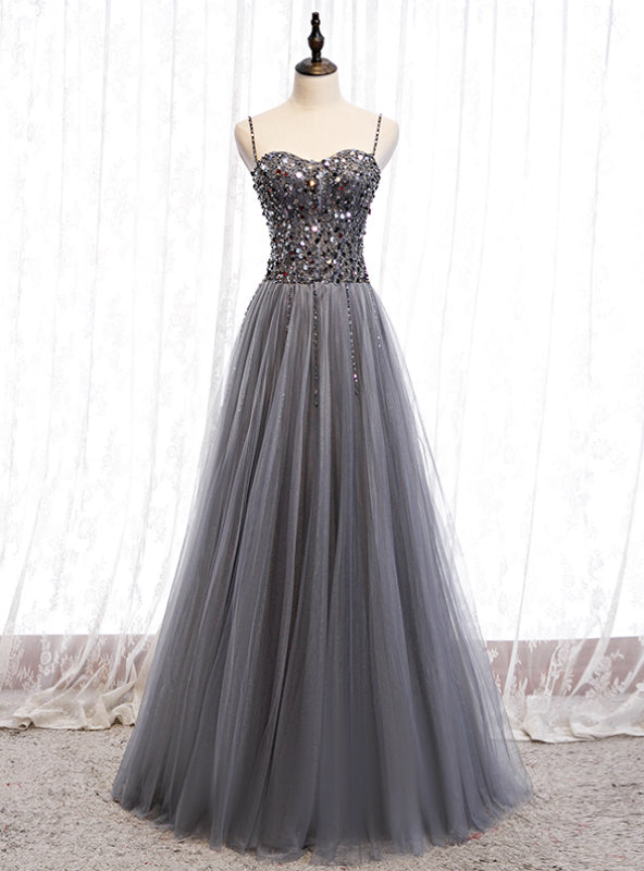 A-Line Gray Tulle Spagehtti Straps Sequins Prom Dress