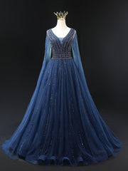 A-line Navy Blue V-neck Beading Prom Dress