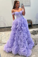 A Line Off the Shoulder Ruffled Tulle Prom Dress with Slit