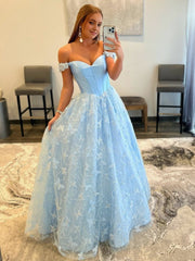 A Line Off the Shoulder Satin Lace Prom Dress