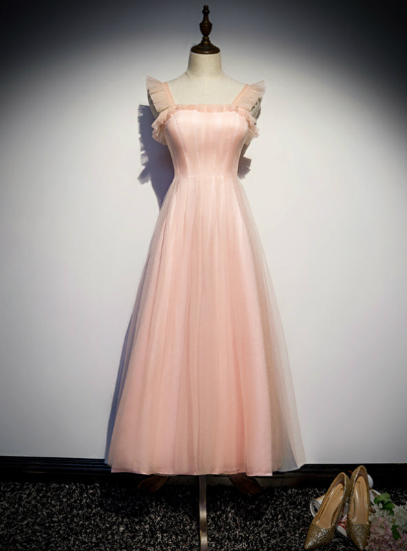 A-Line Pink Tulle Straps Ankle Length Prom Dress