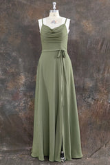 A Line Spaghetti Straps Chiffon Long Bridesmaid Dress with Slit Backless