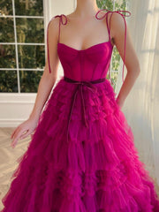 A Line Strapless Fuchsia Tiered Long Tulle Prom Dress