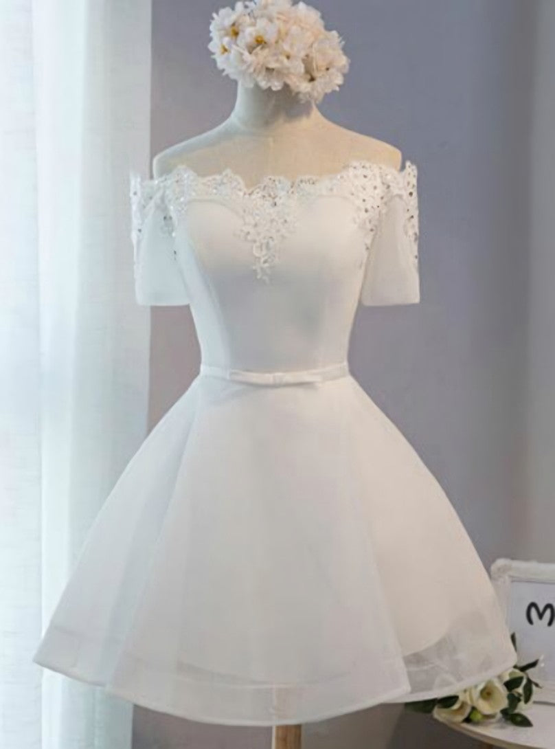 A-Line White Lace Short Sleeve Homecoming Dress