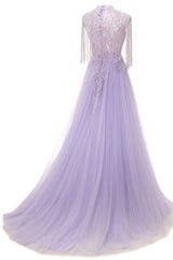 Arabic Purple Elegant A Line Beaded Tassel Luxury Dubai Evening Dresses Gowns For Women