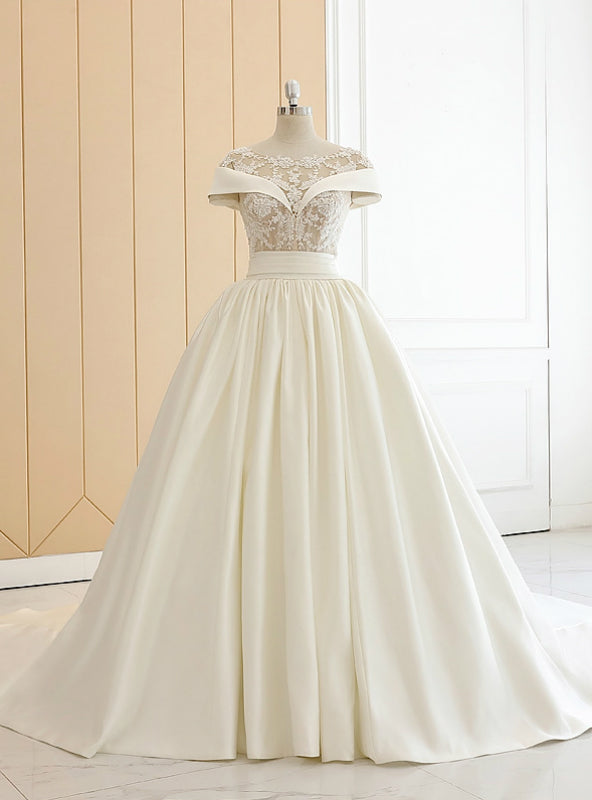 Beige White Ball Gown Satin Appliques Bateau Neck Wedding Dress