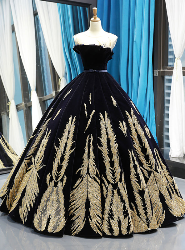 Black Ball Gown Velvet Gold Appliques Backless Long Haute Couture Prom Dresses