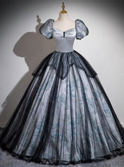 Black Gray Tulle Short Sleeve Quinceanera Dress