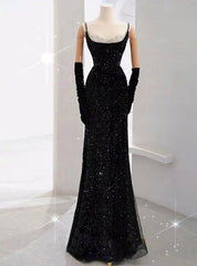 Black Mermaid Straps Sequins Prom Dress