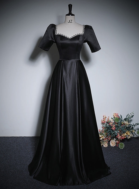 Black Satin Short Sleeve Beading Prom Dress