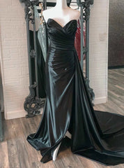 Black Satin Sweetheart Pleats Prom Dress