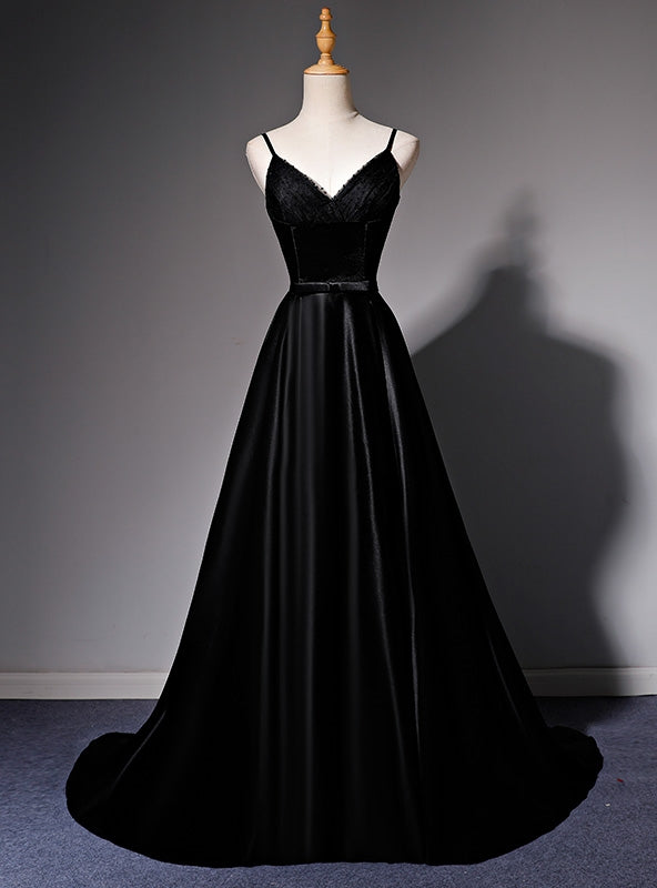 Black Satin Tulle Spaghetti Straps Prom Dress