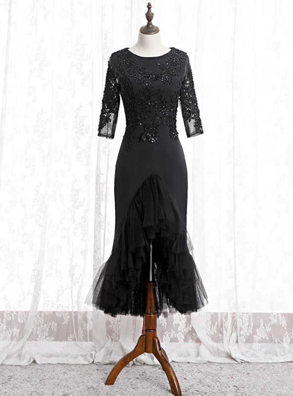 Black Sheath Satin Tulle Appliques Short Sleeve Short  Prom Dress