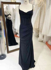 Black Sheath Spaghetti Straps Pleats Prom Dress