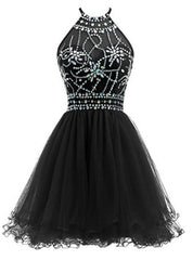 Black Tulle Halter Backless With Crystal Homecoming Dress