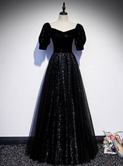 Black Tulle Sequins Square Short Sleeve Prom Dress