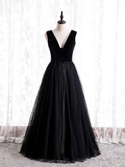 Black Tulle Velvet V-neck Prom Dress