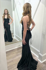 Black V Neck Satin Mermaid Long Prom Dresses with Slit