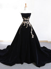 Black Velvet Strapless Crystal With Long Train Wedding Dress