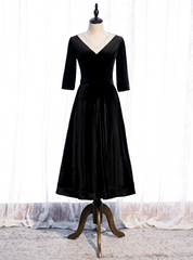 Black Velvet V-neck Short Sleeve Tea Length Prom Dress