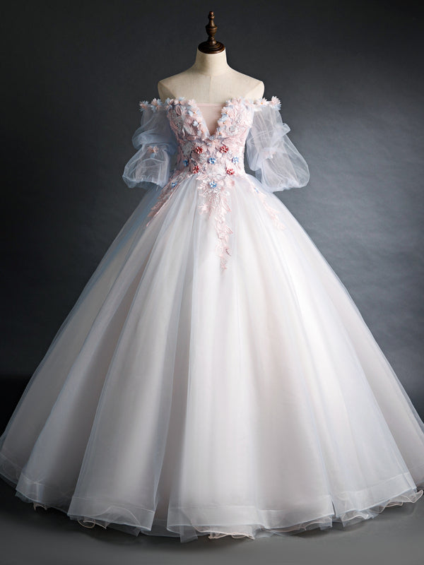 Blue Gray Tulle Puff Sleeve Appliques Quinceanera Dress