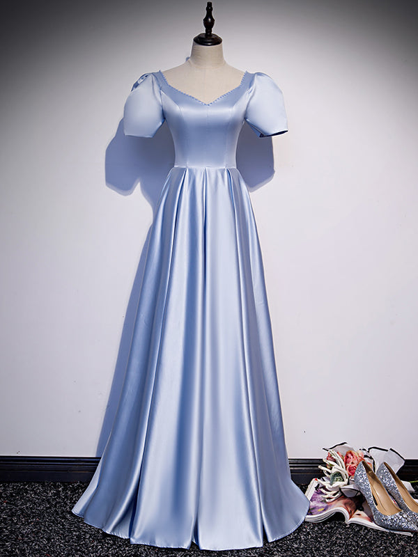 Blue Satin Puff Sleeve Pearls Beading Prom Dress