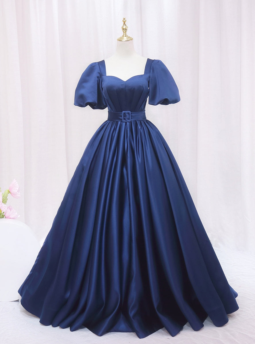 Blue Satin Square Neck Puff Sleeve Pleats Prom Dress