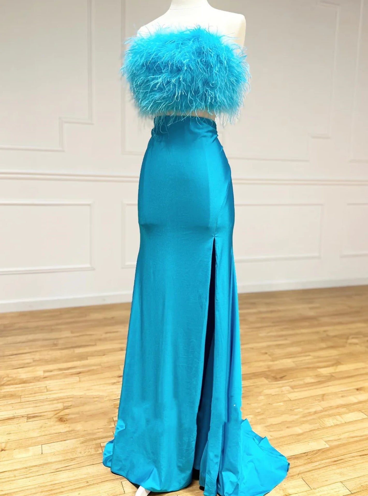 Blue Satin Strapless Feather Split Prom Dress