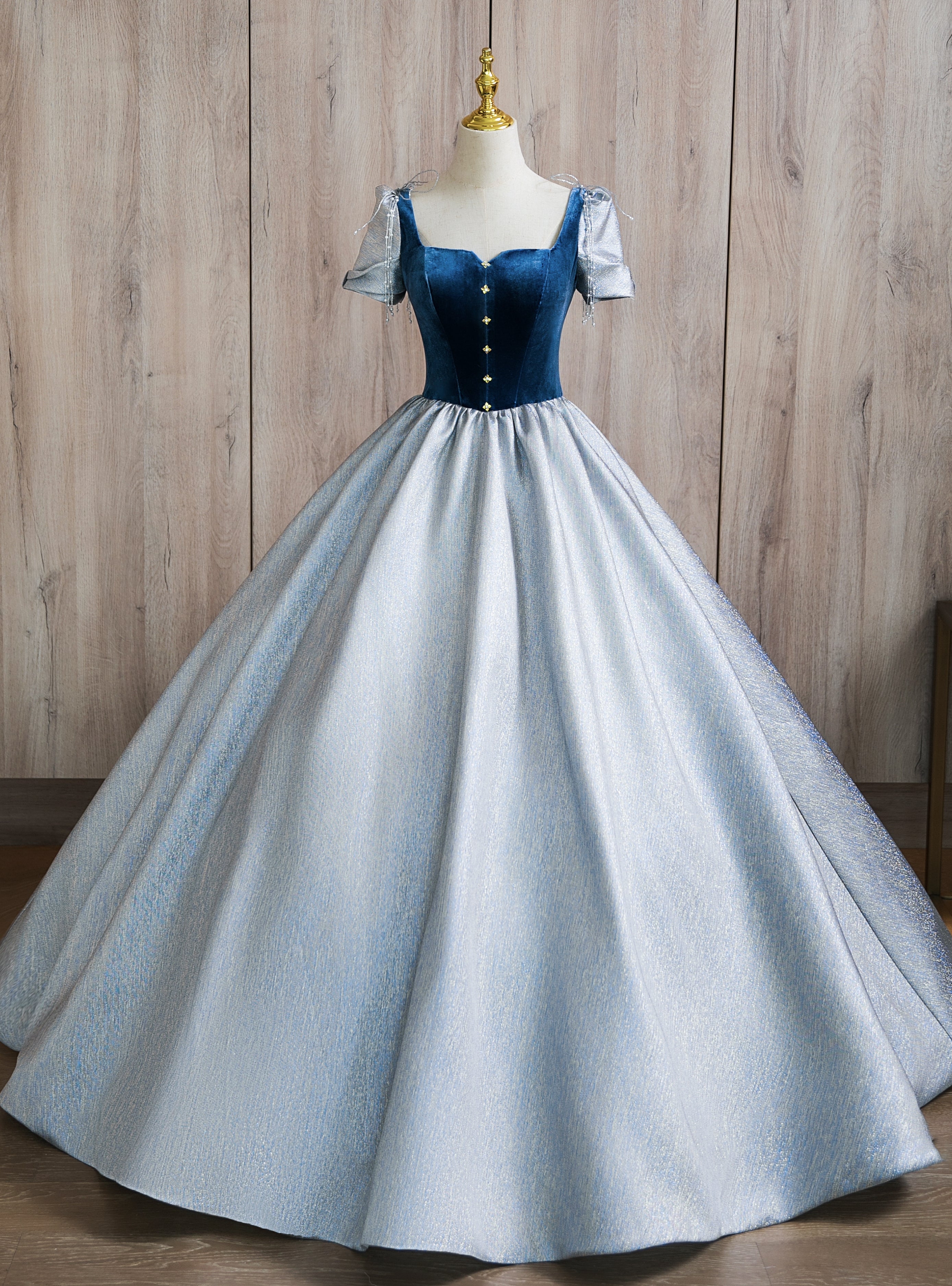 Blue Short Sleeve Square Neck Quinceanera Dress