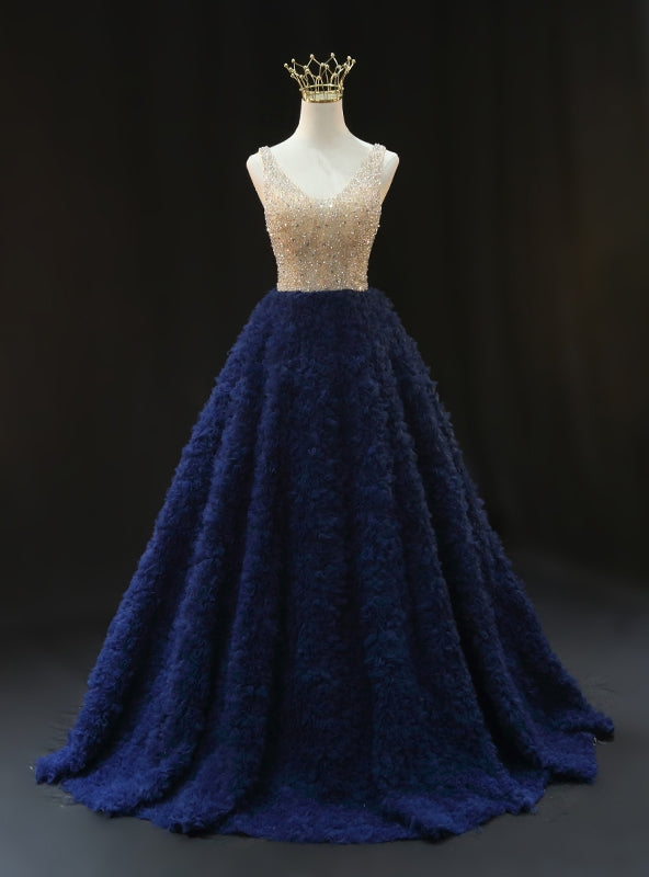 Blue Tulle Beading V-neck Prom Dress