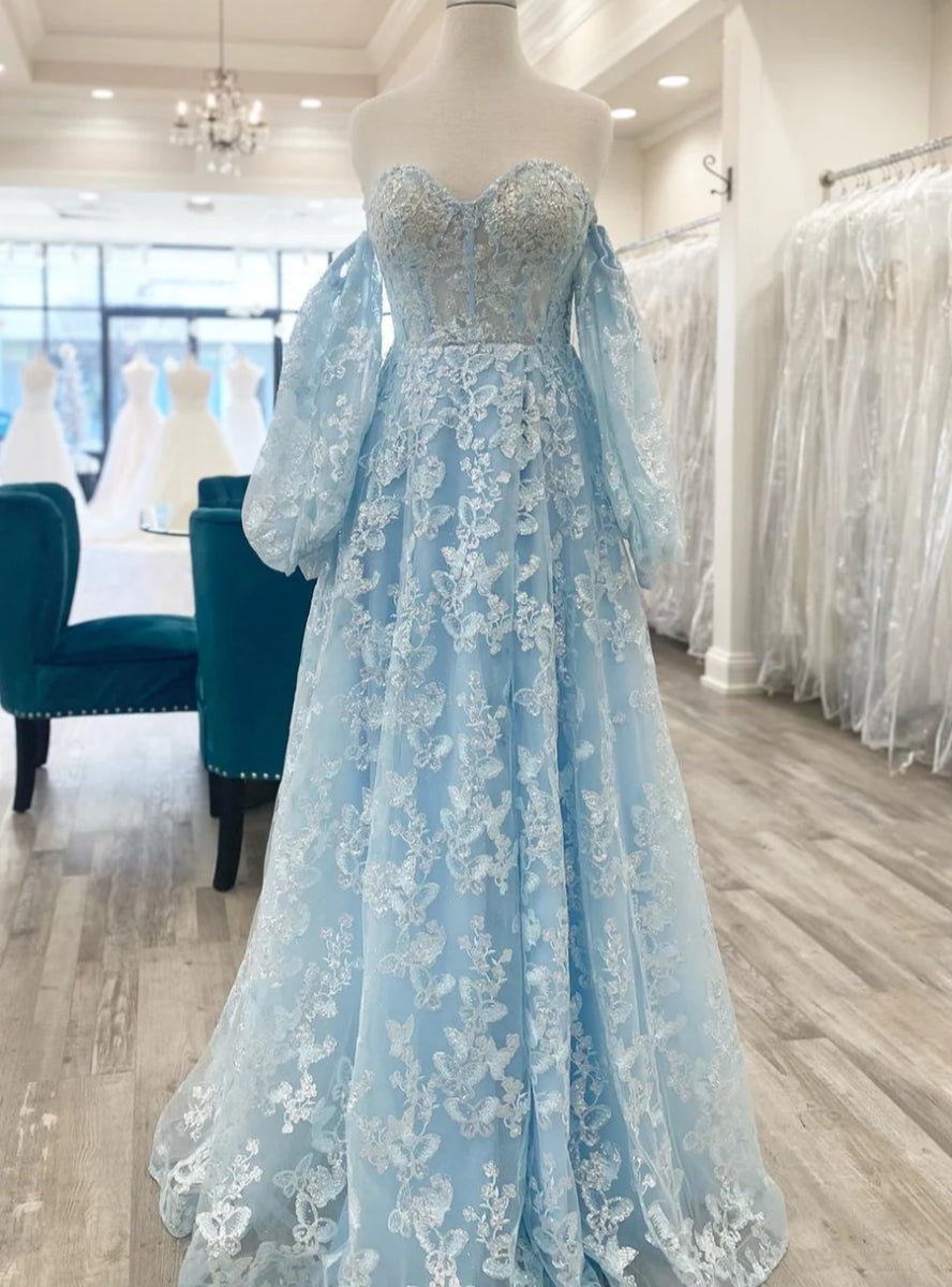 Blue Tulle Butterfly Long Sleeve Prom Dress