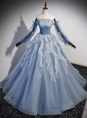 Blue Tulle Long Sleeve Off the Shoulder Prom Dress