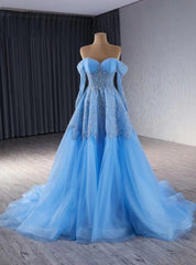 Blue Tulle Long Sleeve Sequins Beading Prom Dress