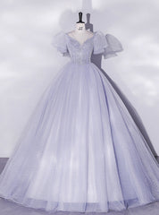 Blue Tulle Sequins Puff Sleeve Quinceanera Dress