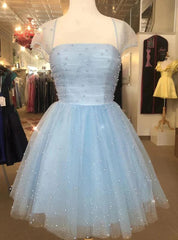 Blue Tulle Sequins Square Pearls Homecoming Dress