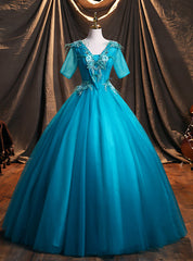 Blue Tulle Short Sleeve Appliques Quinceanera Dresses